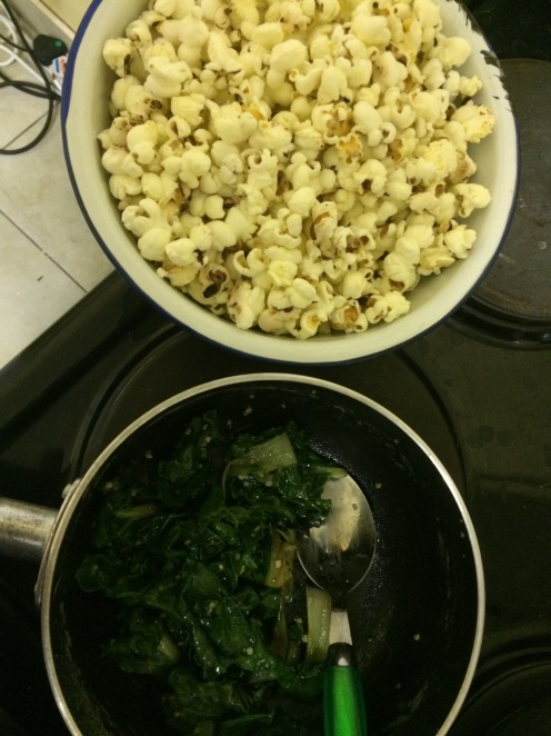 And a random food photo.  Popcorn cooked in coconut oil with sea salt (a DanaMom special) and kale, onion and apple (a Christine special). 